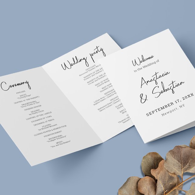 Kalligrafisches Skript Schwarz & Weiß Bi geklappte Programm (Calligraphy Script Black & White Bi Folded Wedding Program)