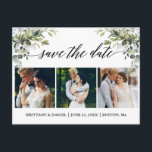 Kalligraphie 3 Foto Grüne Save the Date Postkarte<br><div class="desc">Modernes Kalligrafie Script Elegant Aquarellgrün 3 Foto Save the Date Hochzeitserklärung Ankündigung Postcard beinhaltet Eukalyptus-Blätter,  grünes botanisches Blattwerk,  staubblaue Blätter und andere schöne botanische Vegetation.</div>