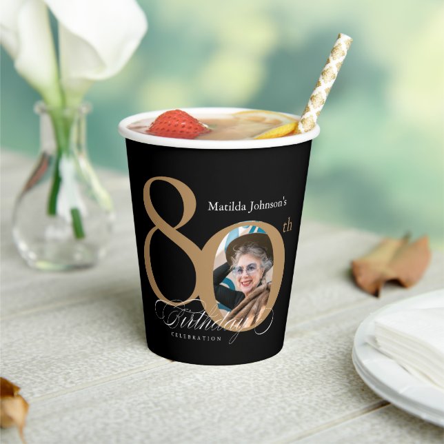 Kalligraphie 80. Geburtstag Elegantes Gold Schwarz Pappbecher (In Situ)