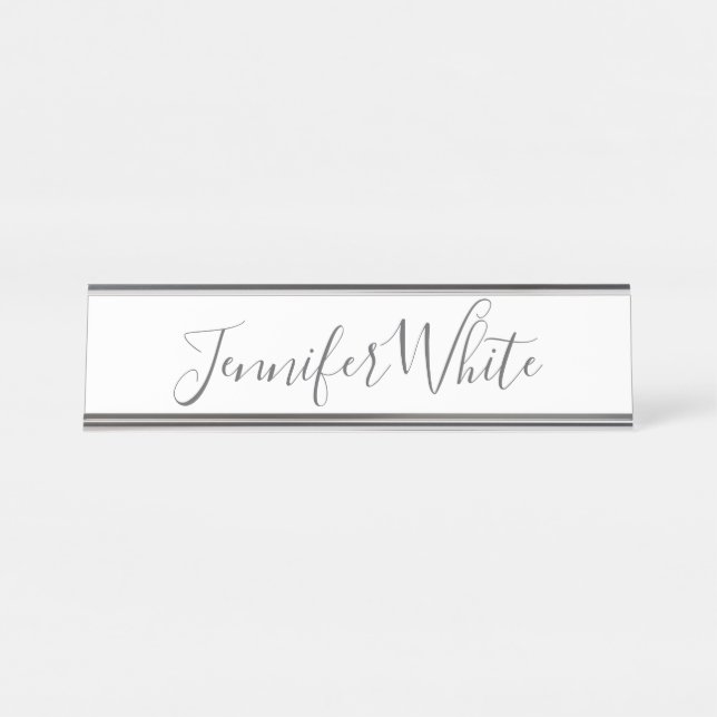 Kalligraphie Elegant Bold Retro Grau Weißer Name Schreibtischnamensplakette (Vorderseite )