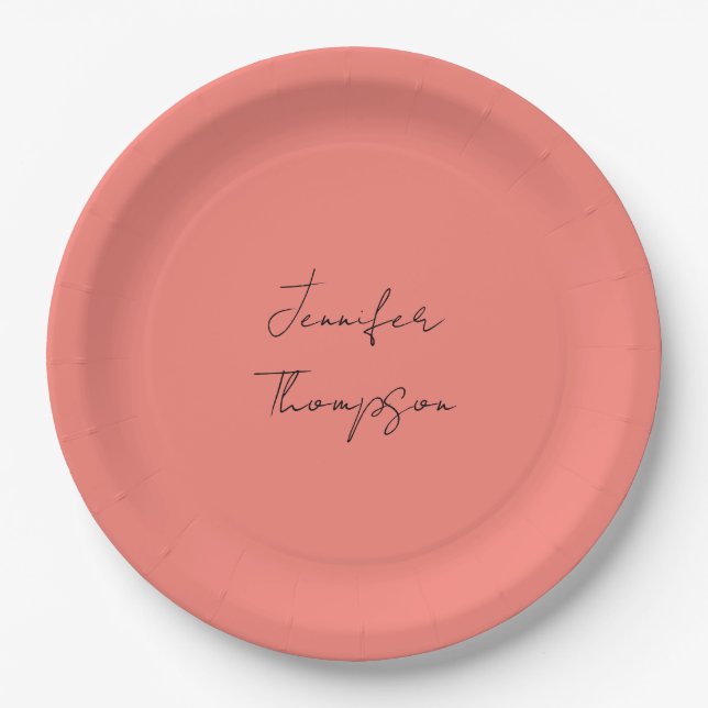 Kalligraphie Eleganto Coral Pink Schlicht Einfache Pappteller (Vorderseite)