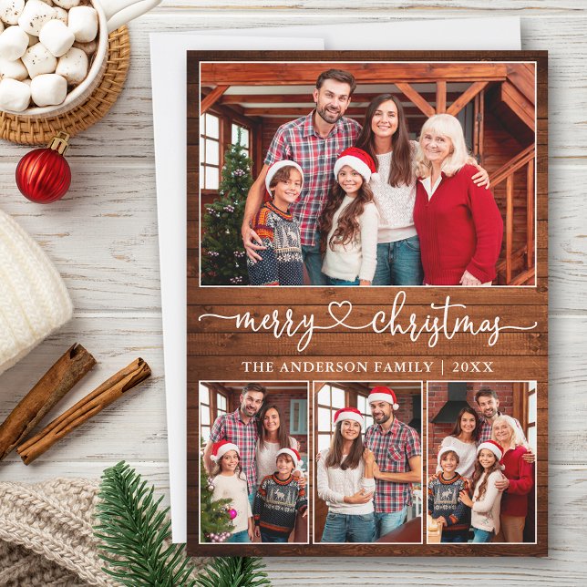 Kalligraphie Herz 4 Foto Holz Frohe Weihnachten (Customize to add text to back of card.)