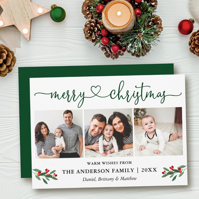 Kalligraphie Herz Weihnachten Holly 3 Foto Green (Customize to add text to back of card or to change color of  back of card.)