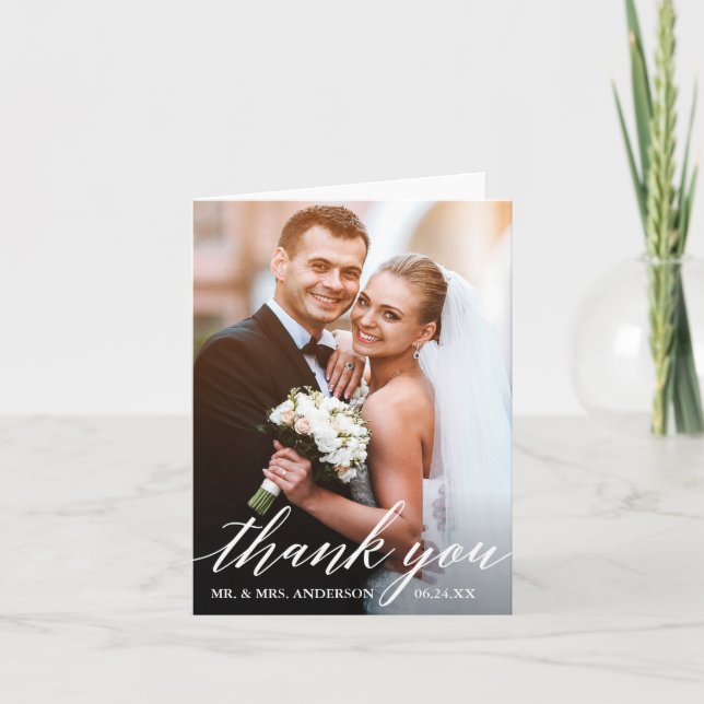 Kalligraphie Hochzeitbräune und Foto Dankeskarte (Vorderseite)