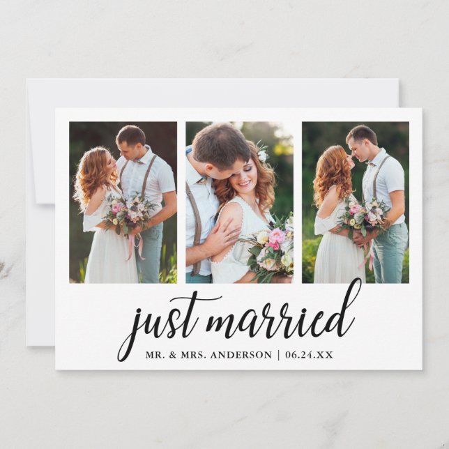 Kalligraphie Just Married 3 Fotokarte Dankeskarte (Vorderseite)