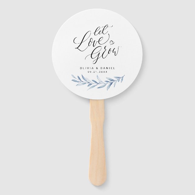 Kalligraphie "Lass Liebe Grow" Blaue Rustikale Veg Fächer (Rückseite)