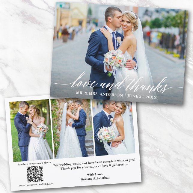 Kalligraphie-Liebe dank QR Code 4 Foto Hochzeit Dankeskarte (Add your wedding website link to the QR Code so guests can scan & view more of your photos online.)