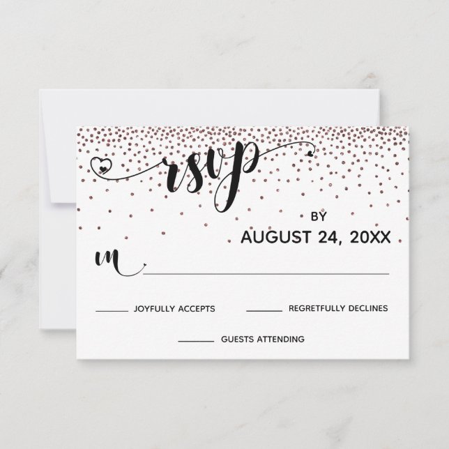 Kalligraphie mit Herz, Rose Gold Confetti RSVP Karte (Vorderseite)