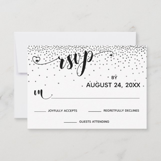 Kalligraphie mit Herz, Silberner Glitzer Confetti RSVP Karte (Vorderseite)