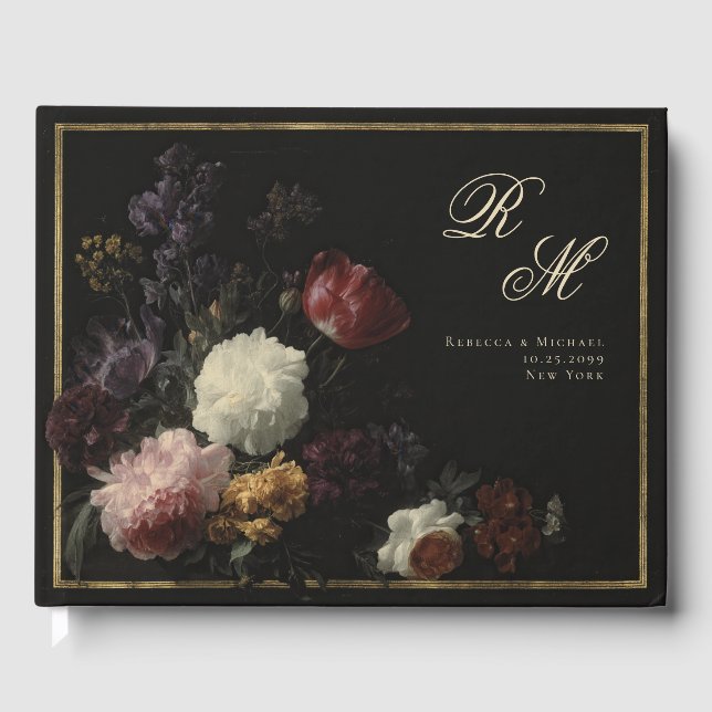Kalligraphie Monogram Black Romantic Blume Gästebuch (Vorderseite)