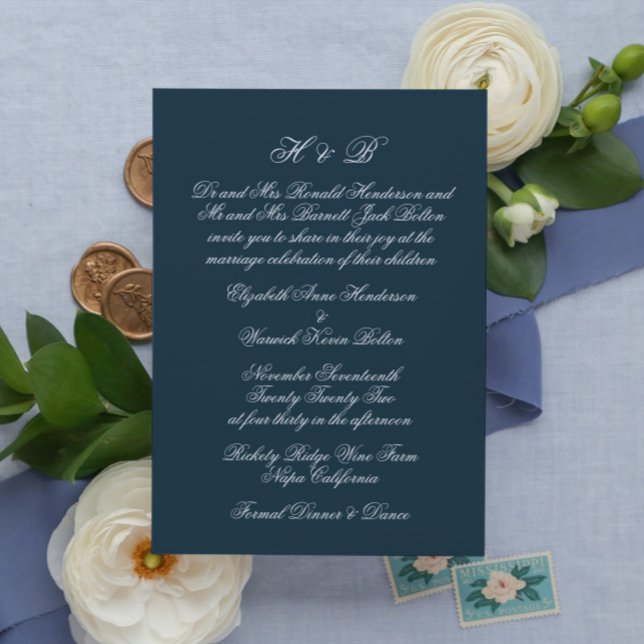 Kalligraphie Monogram Navy & White Formal Wedding Einladung (Von Creator hochgeladen)