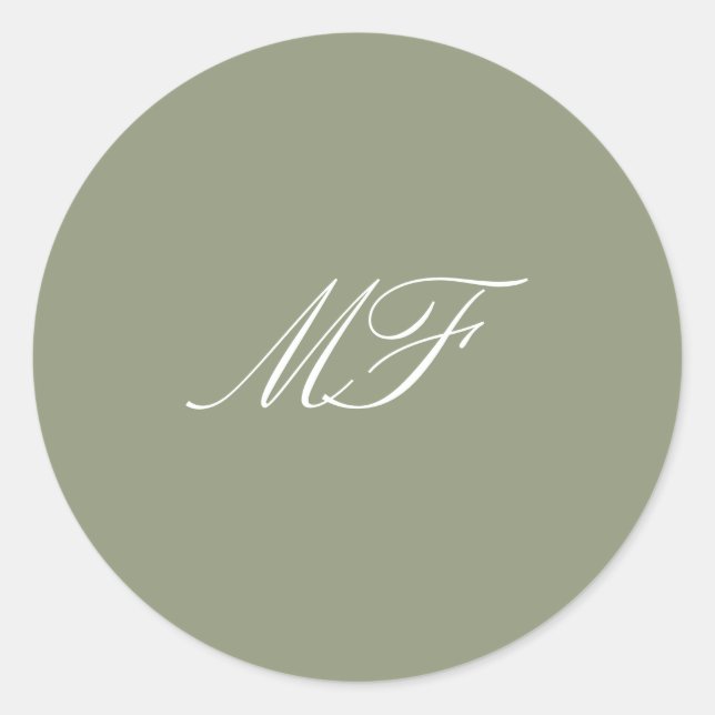 Kalligraphie Monogram Sage Green White Wedding Runder Aufkleber (Vorderseite)