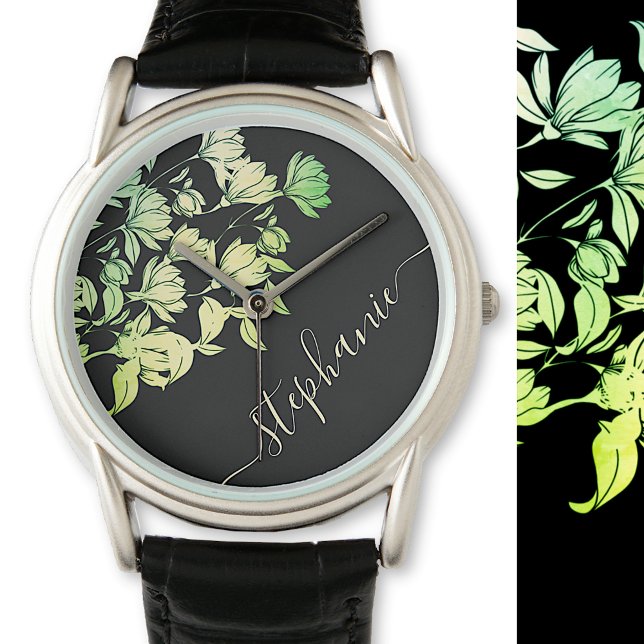 Kalligraphie-Signatur Elegant Blumengrün Schwarz Armbanduhr (Von Creator hochgeladen)