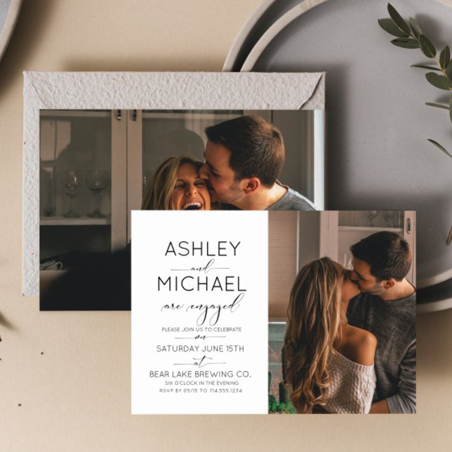 Kalligraphie Typografie 2 Foto Engagement Partei Einladung (Easily personalize this engagement announcement with your unique details and photos)