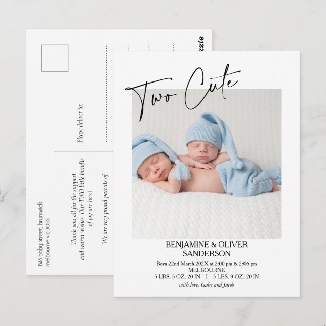 Kalligraphie Zwei Niedliche Zwillinge Geburtsankün Postkarte (Vorne/Hinten)