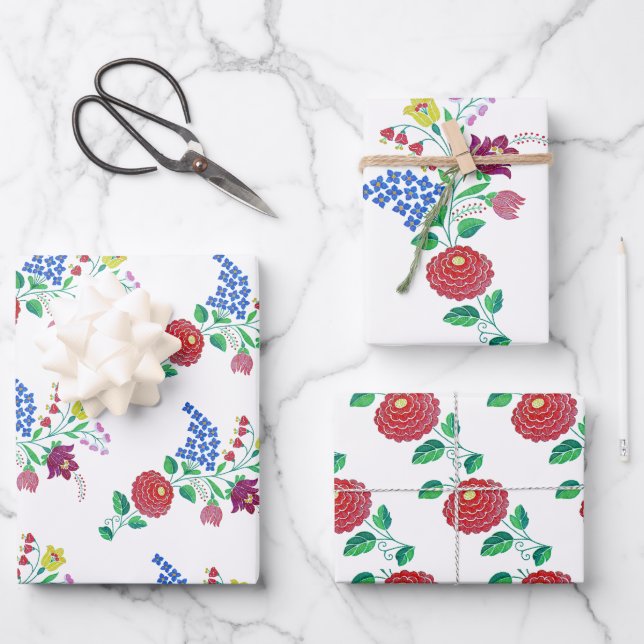 Kalocsa Blume Ungarischer Volkskunst Geschenkpapier Set (Vorderseite)