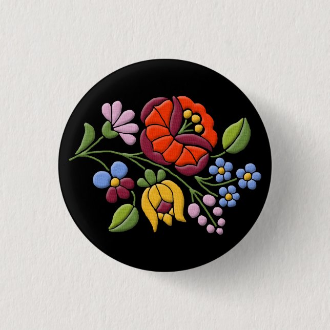 Kalocsa Stickerei - Ungarische Volkskunst schwarz  Button (Vorderseite)