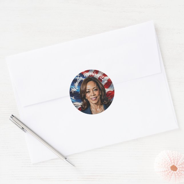 Kamala Harris 2024 und amerikanische Flagge Runder Aufkleber (Umschlag)