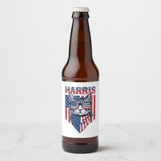 Kamala Harris für Präsident 2024 Funny Cat Bierflaschenetikett (Vorderseite)