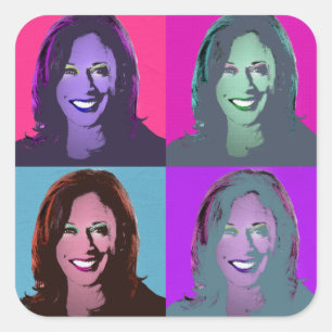 Kamala Harris Pop Art (Rosa, Magenta, Blau, Lila Quadratischer Aufkleber