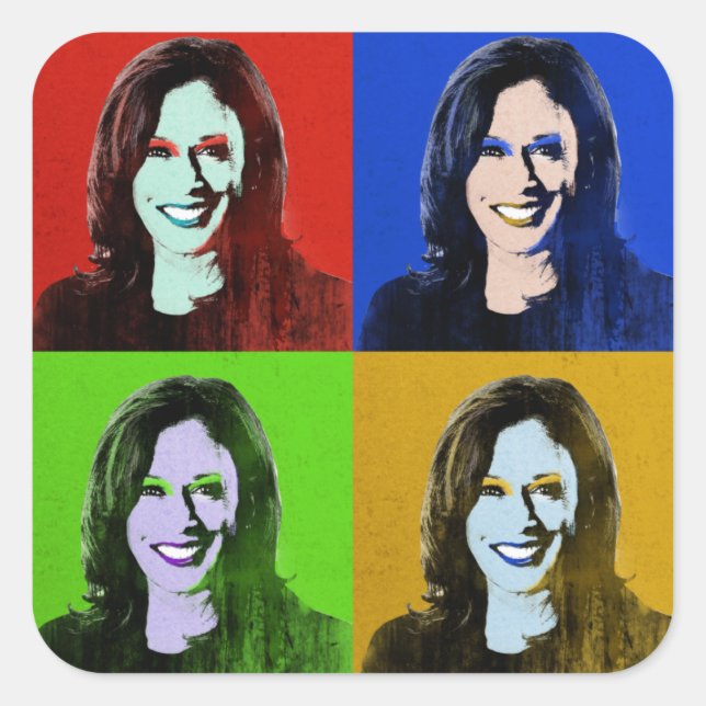Kamala Harris Pop Art (Rot, Blau, Grün, Gelb) Quadratischer Aufkleber (Vorderseite)