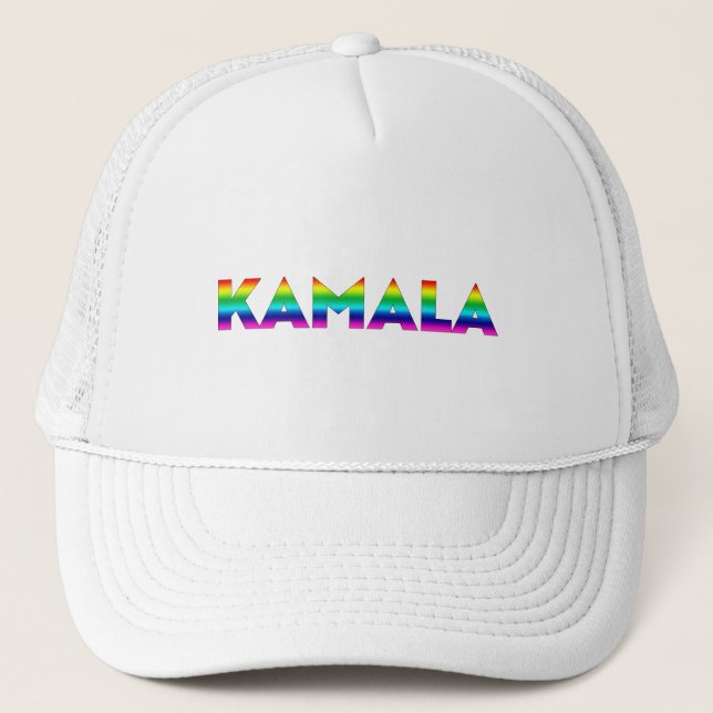 Kamala moderner Regenbogentypografie-Gay Pride Truckerkappe (Vorderseite)