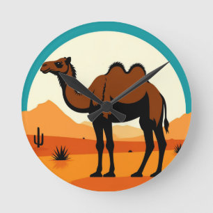 Kamel-Silhouette in der Wüsten-Sonnenuntergangslan Runde Wanduhr