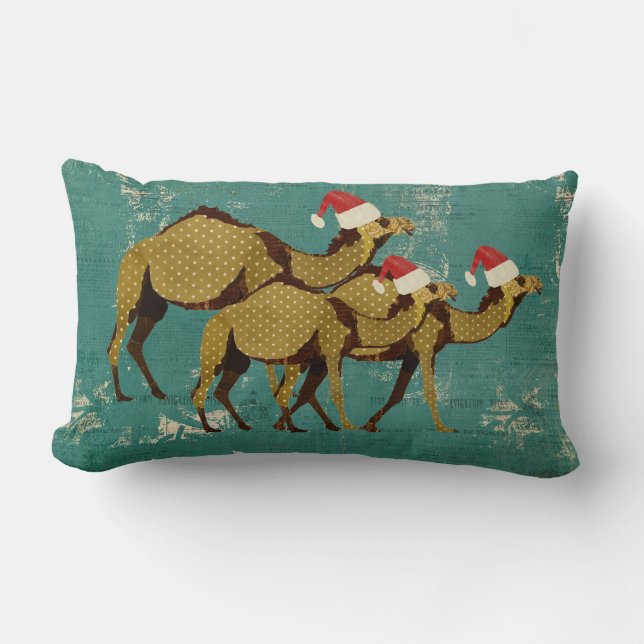 Kamel-Weihnachtsblaues lumbales Kissen (Vorderseite)