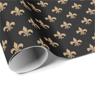 Kamelbraune Fleur-de-lis auf Schwarz Geschenkpapier