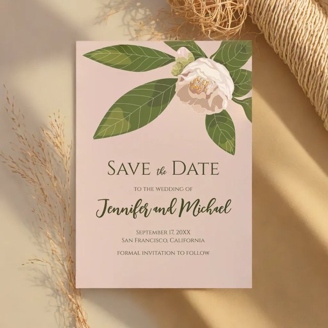 Kamelien und Grüne Einfache Elegant Save the Date Einladung (Camellia and Greenery Simple Elegant Save the Date Invitation)