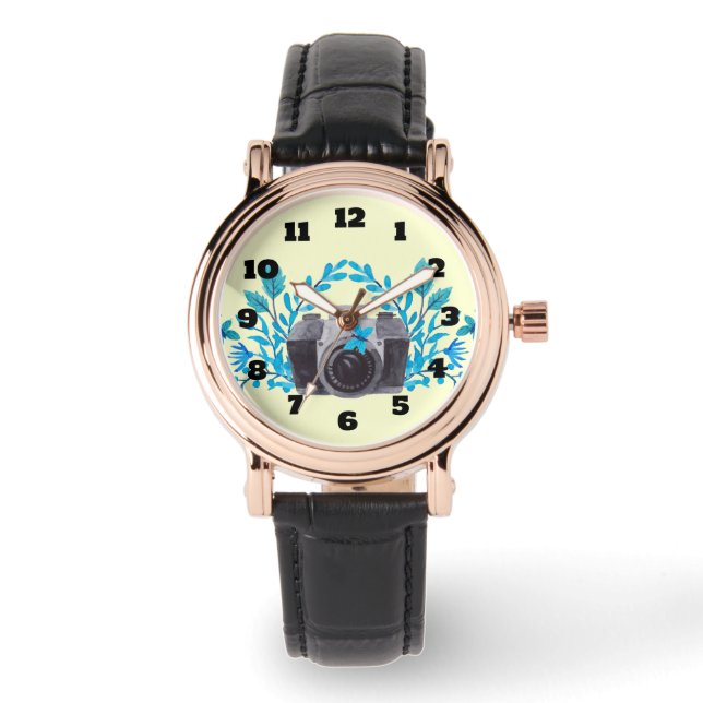 Kamera mit blauen Blätter und Schmetterlingen Armbanduhr (Vorderseite)