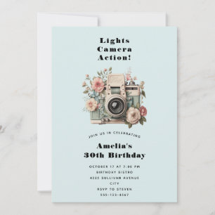 Kamera mit Blumen Retro Pastell Bild Geburtstag Einladung