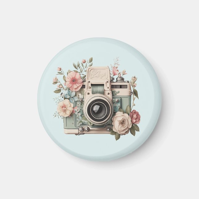 Kamera mit Blumen Retro Pastell Bild Magnet (Vorne)