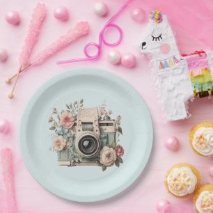 Kamera mit Blumen Retro Pastell Bild Pappteller