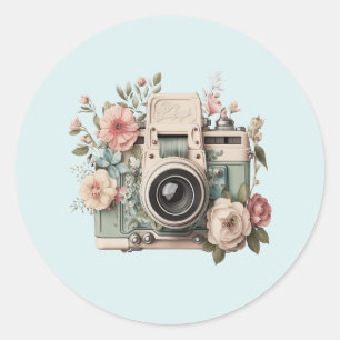 Kamera mit Blumen Retro Pastell Bild Runder Aufkleber