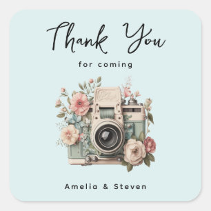 Kamera mit Blumen Retro Pastell Hochzeit Danke Quadratischer Aufkleber