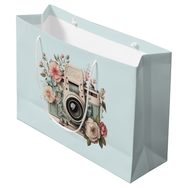 Kamera mit Retro-Pastell-Blumenbild Große Geschenktüte (Vorderseite Schrägansicht)