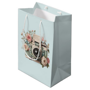 Kamera mit Retro-Pastell-Blumenbild Mittlere Geschenktüte