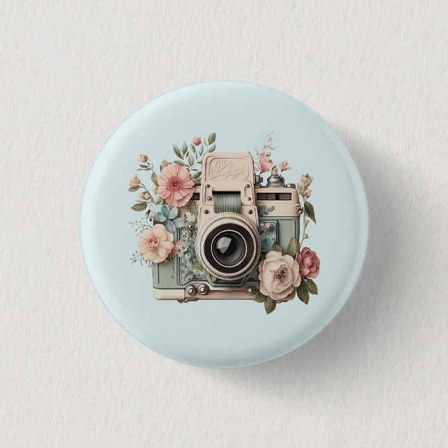 Kamera mit Retro-Pastellbild Blumen Button (Vorderseite)