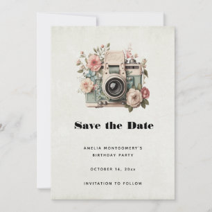 Kamera mit Retro-Pastellbild Blumen Save The Date
