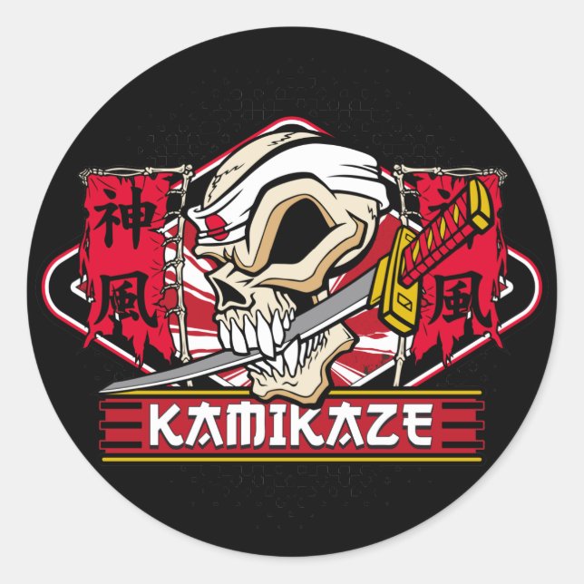 Kamikaze Schädel mit japanischem Schwert Runder Aufkleber (Vorderseite)