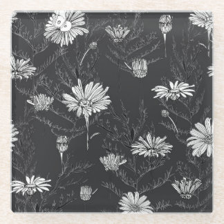 Kamille schwarzer Pen: Blumenmuster. Glasuntersetzer