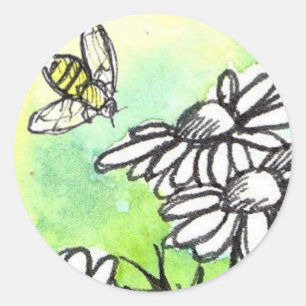 Kamillen-Blumen-Honig-Bienewatercolor-Limones Grü Runder Aufkleber