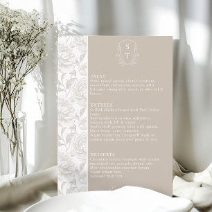 Kamm-Monogramm Blassbraunes Hochzeitsmenükarte Menükarte