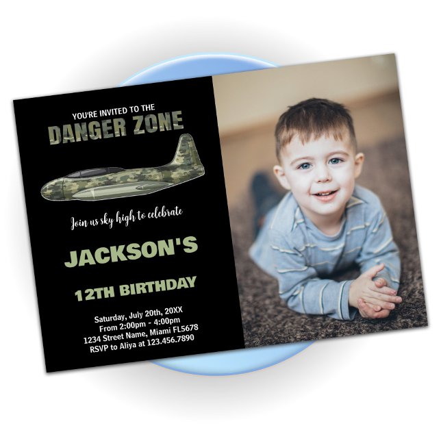 Kampf Jet Birthday Einladungen Schwarz mit Foto (Fighter Jet Birthday Invitations Black with photo)