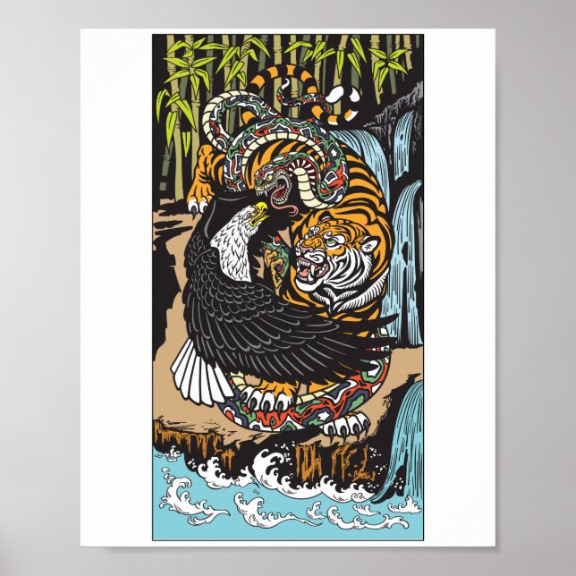 Kampf Tiger, Adler und Schlange. Grafik Poster (Vorne)