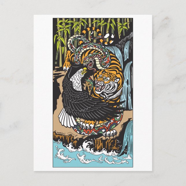 Kampf Tiger, Adler und Schlange. Grafik Postkarte (Vorderseite)