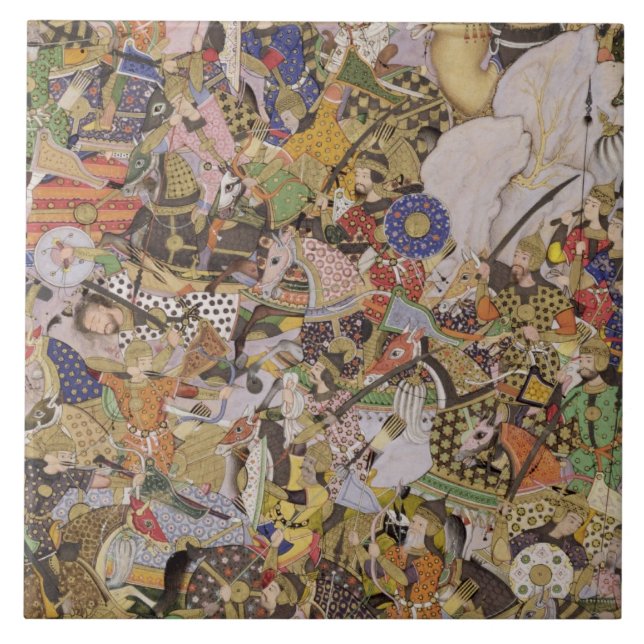 Kampf von Bundi, vom Akbarnama, c.1590 (gouac Fliese (Vorderseite)