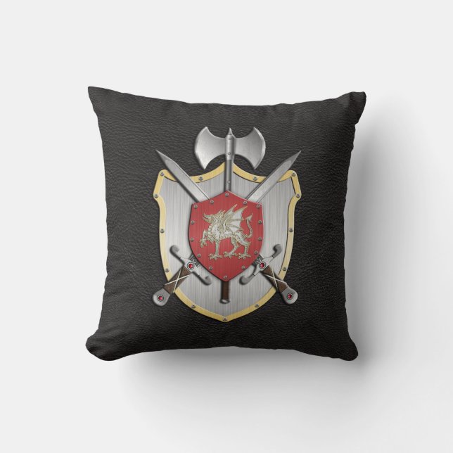 Kampf-Wappen-Drache-Schwarzes Kissen (Vorderseite)