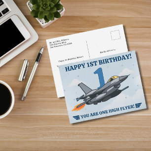 Kampfflugzeug Flugzeug Junge Erster Geburtstag Postkarte